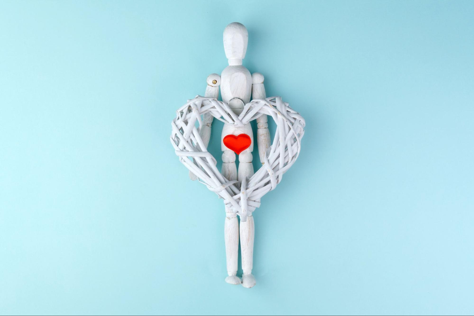 A doll with a heart symbol placed over the pelvic region, symbolizing pelvic care and expertise in urogynecology in Houston.